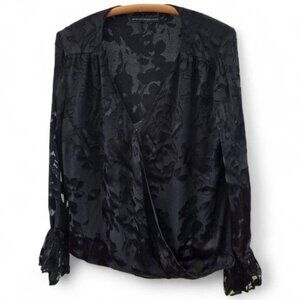 White House Black Market Floral Burnout Surplice Wrap Blouse Sheer Bell Sleeve